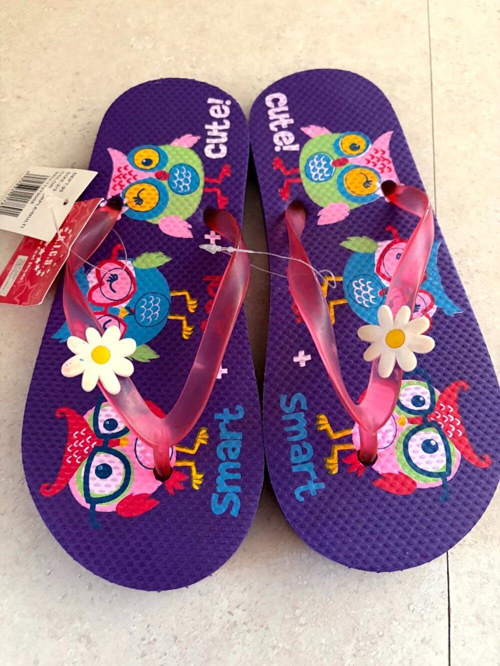 NWT Kids Flip Flops Purple, Owls Size 2/3 K.I.C.S.
